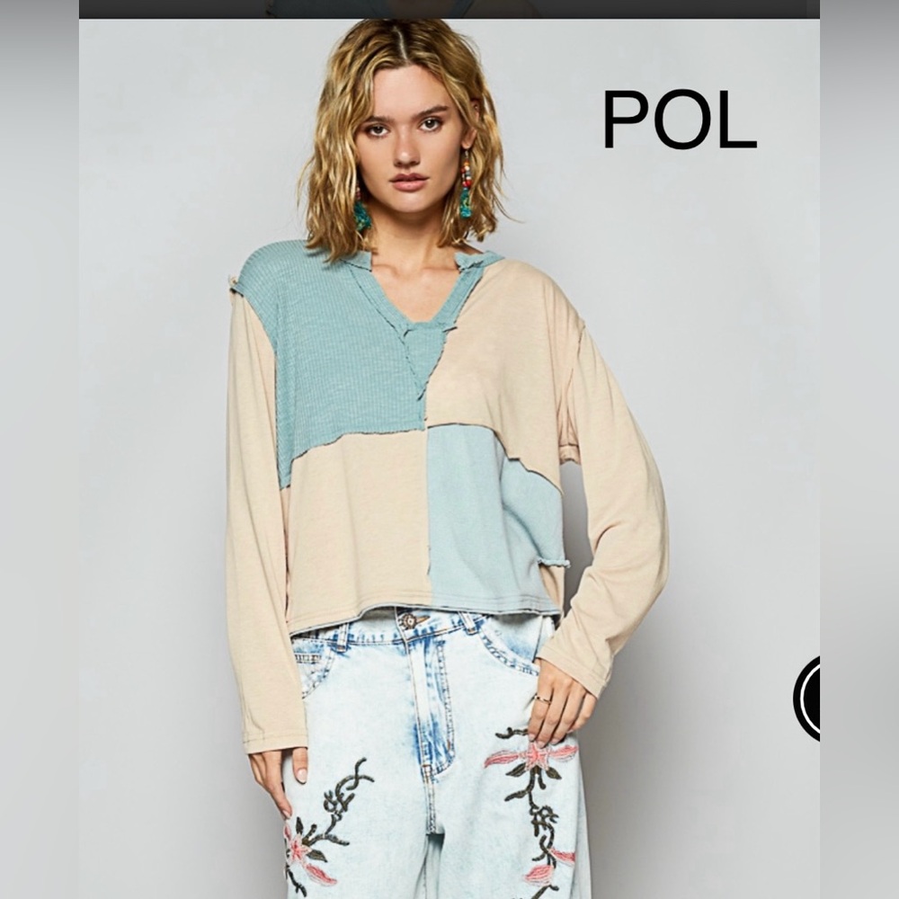 BP219-2🤍💙POL playful Patchwork Long Sleeve Top in pale Blue + cream! So cute!